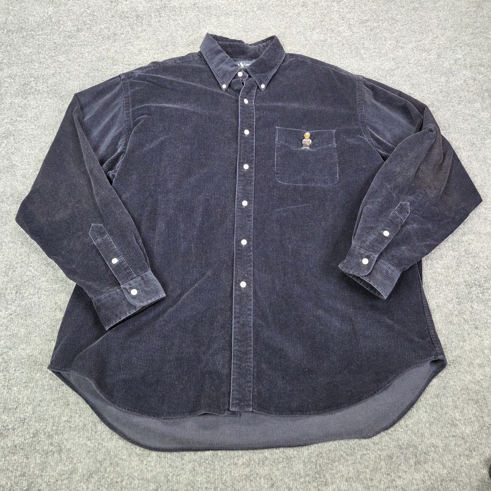 Ralph Lauren Shirt Mens 2XL Blue Corduroy Bear Embroidered Pocket Button Up